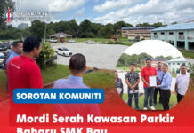 Mordi serah kawasan parkir baharu SMK Bau Mordi bersama wakil Pejabat Pendidikan Daerah Bau, pihak pengurusan SMK Bau dan kontraktor meninjau kawasan parkir baharu yang telah siap dan diserahkan untuk kegunaan warga sekolah.