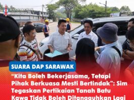 “Kita boleh bekerjasama, tetapi pihak berkuasa mesti bertindak”: Sim tegaskan pertikaian tanah Batu Kawa tidak boleh ditangguhkan lagi Sim Kiat Leng mengiringi pemilik tanah Batu Kawa dalam pertemuan bersama JKR, Jabatan Tanah dan Survei, Majlis Perbandaran Padawan serta Jabatan Premier Sarawak bagi membincangkan isu pengambilan tanah dan pembayaran pampasan yang telah berlarutan sekian lama.