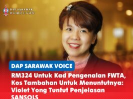 RM324 untuk kad pengenalan FWTA, kos tambahan untuk menuntutnya: Violet Yong tuntut penjelasan SANSOLS Violet Yong mempersoalkan bayaran RM324 bagi kad pengenalan FWTA serta keperluan majikan membawa pekerja asing ke Kuching untuk pengesahan biometrik dan pengambilan kad, sambil menggesa SANSOLS dan Kerajaan Sarawak menyediakan kaedah yang lebih praktikal dan mudah diakses.