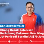 Chong desak ketelusan berhubung dakwaan urus niaga jet peribadi bernilai AS$70 juta Chong Chieng Jen menggesa Kerajaan Sarawak mendedahkan butiran dakwaan urus niaga jet peribadi bernilai AS$70 juta, termasuk kos, terma pajakan, pemilikan dan proses perolehan.