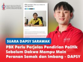PBK perlu perjelas pendirian politik sebelum dakwa mampu main peranan semak dan imbang – DAPSY Chong Hong Hien mencabar Parti Bumi Kenyalang (PBK) supaya memperjelaskan pendirian politik, komitmen akar umbi serta peranan yang ingin dimainkan dalam menyediakan semak dan imbang di Dewan Undangan Negeri (DUN) Sarawak.