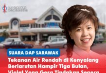 Tekanan air rendah di Kenyalang berlarutan hampir tiga bulan, Violet Yong gesa tindakan segera Violet Yong menggesa Sarawak Water Sdn Bhd dan Kerajaan Sarawak mengambil tindakan segera untuk menyelesaikan masalah tekanan air rendah yang berterusan, yang menjejaskan penduduk dan peniaga di Kenyalang Park, kawasan komersial Kenyalang serta Pusat Makanan Kenyalang.