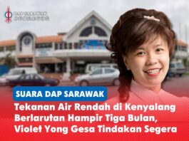 Tekanan air rendah di Kenyalang berlarutan hampir tiga bulan, Violet Yong gesa tindakan segera Violet Yong menggesa Sarawak Water Sdn Bhd dan Kerajaan Sarawak mengambil tindakan segera untuk menyelesaikan masalah tekanan air rendah yang berterusan, yang menjejaskan penduduk dan peniaga di Kenyalang Park, kawasan komersial Kenyalang serta Pusat Makanan Kenyalang.