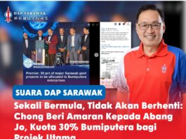 Sekali bermula, tidak akan berhenti: Chong beri amaran kepada Abang Jo, kuota 30% Bumiputera bagi projek utama Chong Chieng Jen memberi amaran kepada Premier Sarawak, Tan Sri Abang Johari Tun Openg, supaya tidak melaksanakan kuota 30% Bumiputera bagi projek utama kerajaan negeri, kerana dasar tersebut boleh menjejaskan meritokrasi dan akhirnya diperluaskan ke sektor-sektor lain.