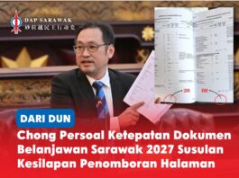 Chong persoal ketepatan dokumen Belanjawan Sarawak 2027 susulan kesilapan penomboran halaman ADUN Padungan, Chong Chieng Jen, membangkitkan kebimbangan berhubung kesilapan penomboran halaman dalam Senarai Jawatan Perjawatan Belanjawan Sarawak 2027, sambil mempersoalkan ketepatan angka serta prosedur kawalan kualiti Jabatan Perbendaharaan.