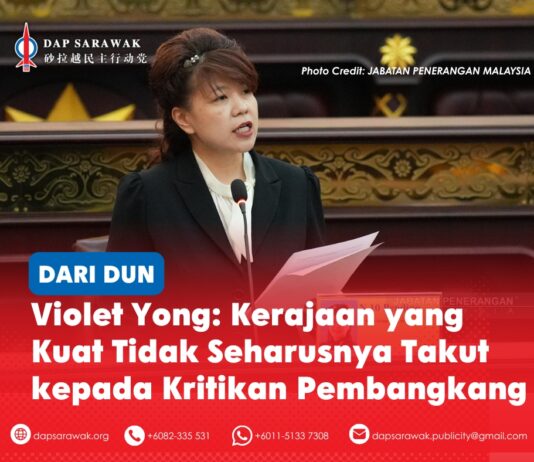 Violet Yong: Kerajaan yang kuat tidak seharusnya takut kepada kritikan pembangkang ADUN Pending Violet Yong membantah usul penggantungan ADUN Padungan Chong Chieng Jen, sambil menegaskan bahawa GPS perlu menghormati suara pembangkang dan hak rakyat untuk menuntut akauntabiliti.