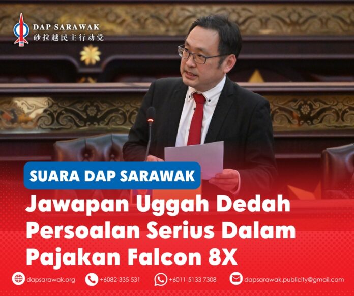 231026_DAPSWK_Chong Private Jet BM ADUN Padungan Chong Chieng Jen membangkitkan persoalan serius mengenai pajakan pesawat Falcon 8X bernilai US$71.77 juta oleh Hornbill Skyways, termasuk ketiadaan proses tender serta kebimbangan terhadap tadbir urus dan ketelusan.